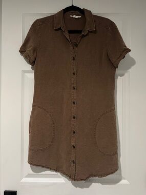 Casual Button-Front Short Sleeve Shirt Dress - Brown